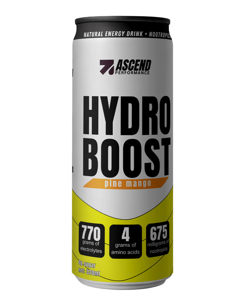 Pine mango flavour Hydro Boost by Ascend Performance, 330ml can with electrolytes and nootropics info