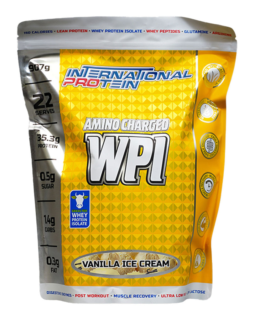 907g Amino Charged WPI by International Protein, vanilla ice cream flavour in silver and yellow bag