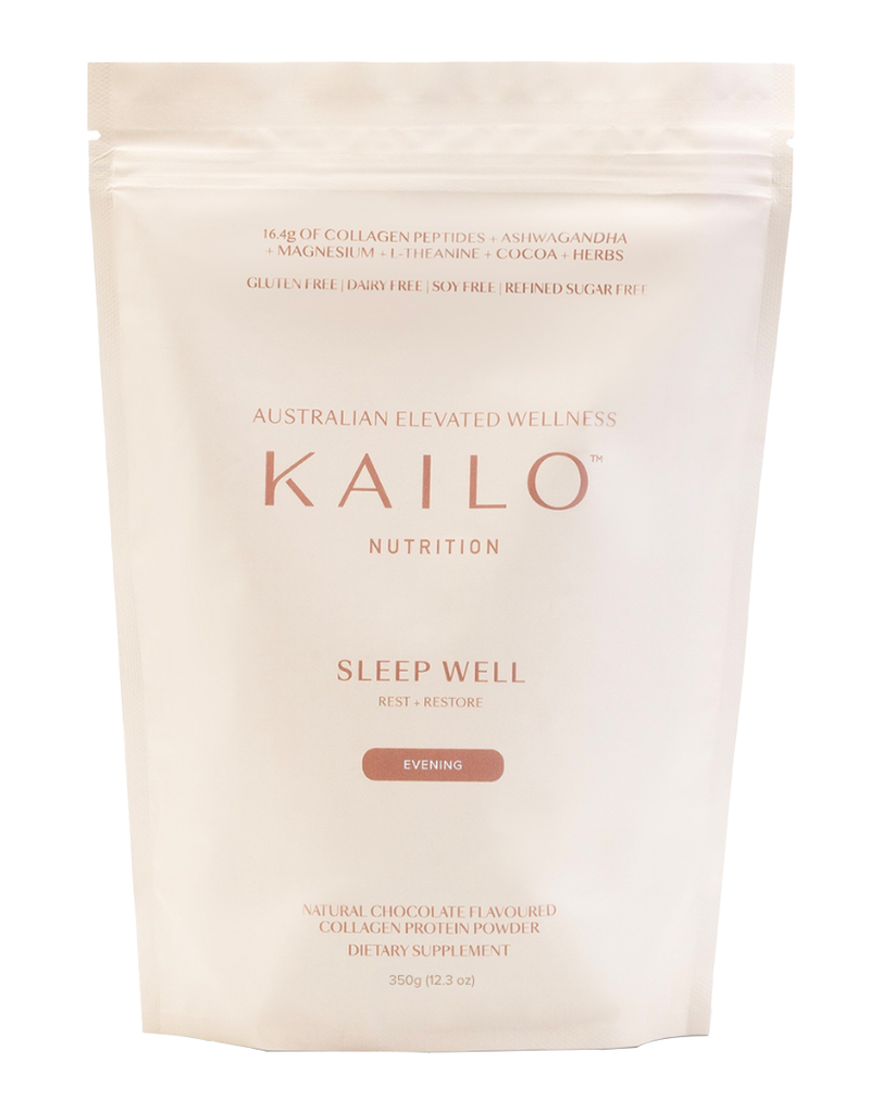 KAILO Sleep Well collagen peptides blend in chocolate flavour, 350g resealable wellness protein pouch