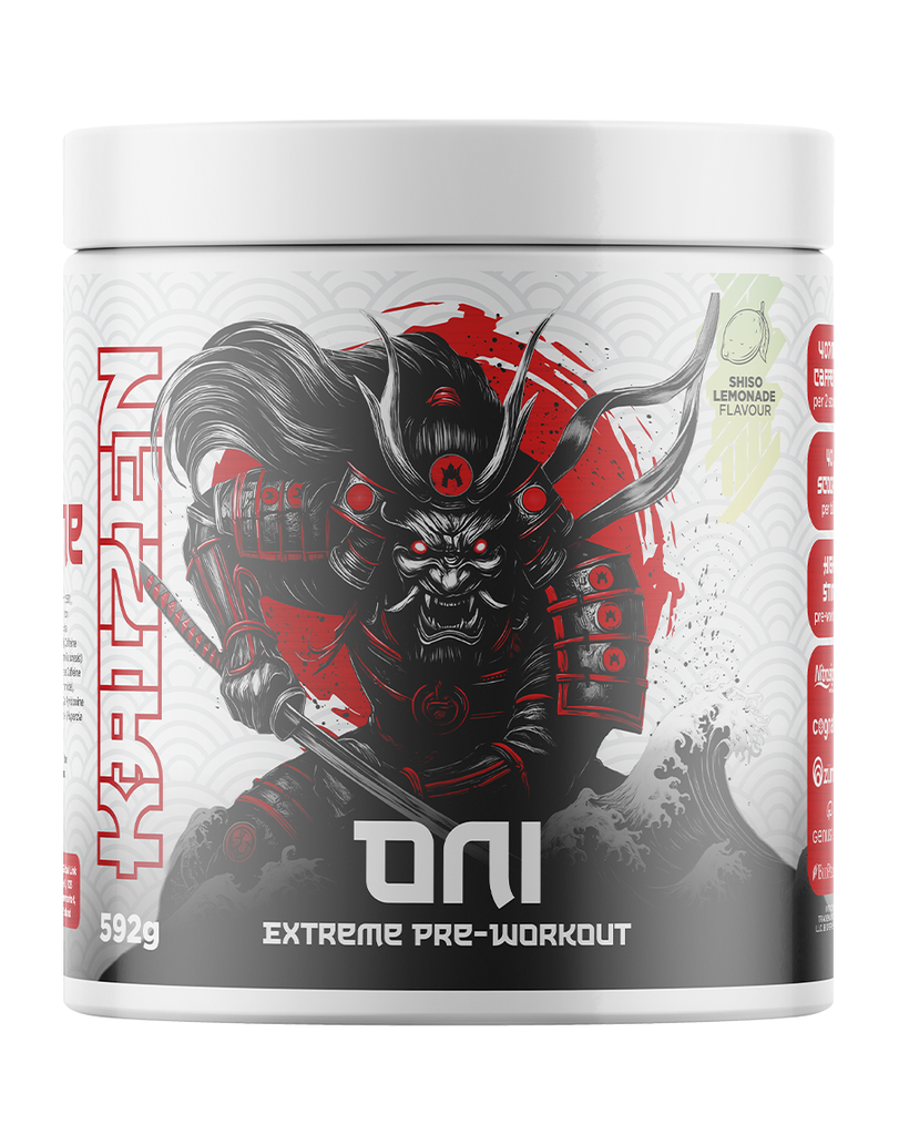 Kenzai Oni extreme pre-workout, Shiso Lemonade flavour, 592g white tub with red and black samurai artwork