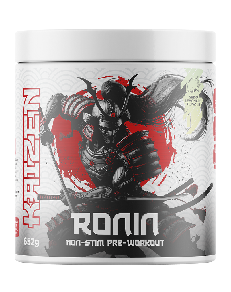 Kenzai Ronin non-stim pre-workout, Shiso Lemonade flavour, 652g white tub with samurai-themed label