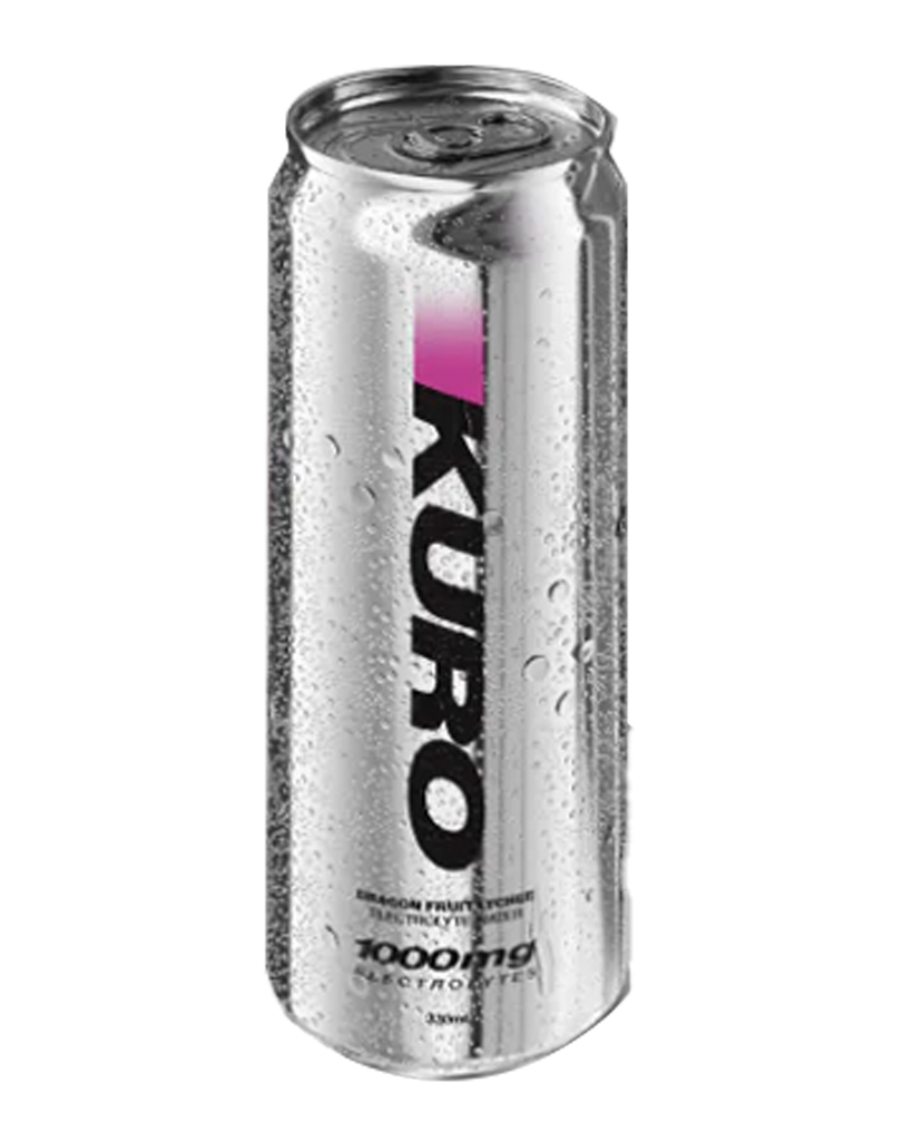 Slim KURO electrolyte beverage can featuring 1000mg formula, metallic silver design with condensation droplets