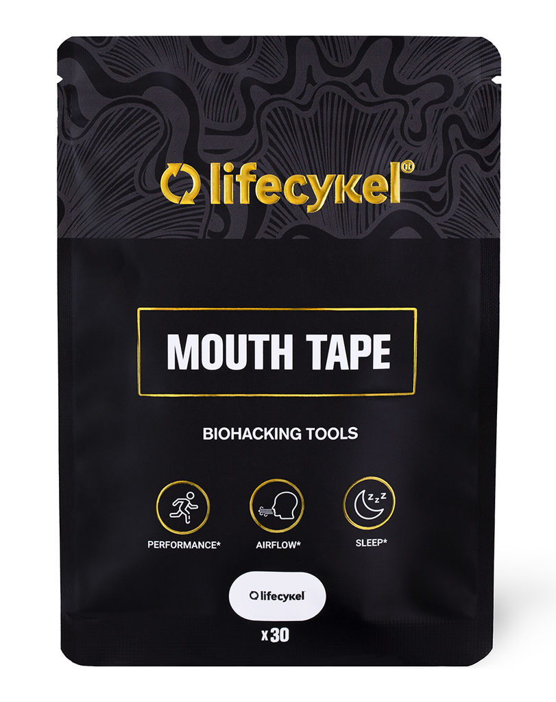 Life Cykel Mouth Tape x30 in black resealable pouch with airflow, sleep and performance support icons