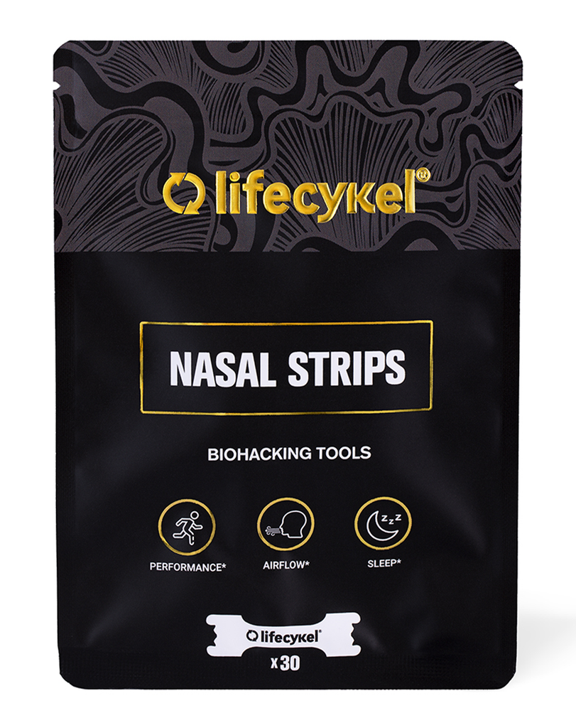 Life Cykel Nasal Strips x30 in black resealable pouch with airflow, sleep and performance support icons