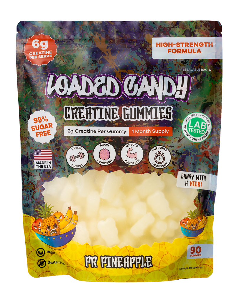 Loaded Candy Creatine Gummies PR Pineapple flavour, 90 gummies resealable pouch with 6g creatine per serve