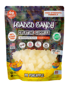Loaded Candy Creatine Gummies PR Pineapple flavour, 90 gummies resealable pouch with 6g creatine per serve