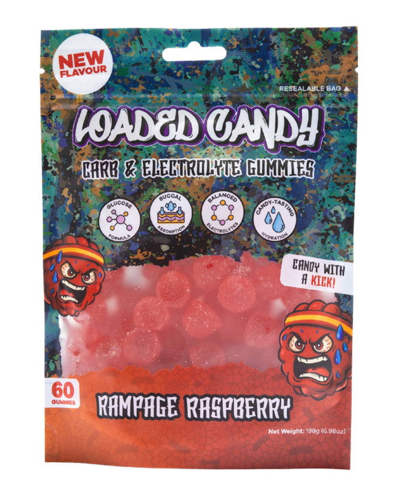 Loaded Candy Rampage Raspberry carb and electrolyte gummies, 60-count resealable pack