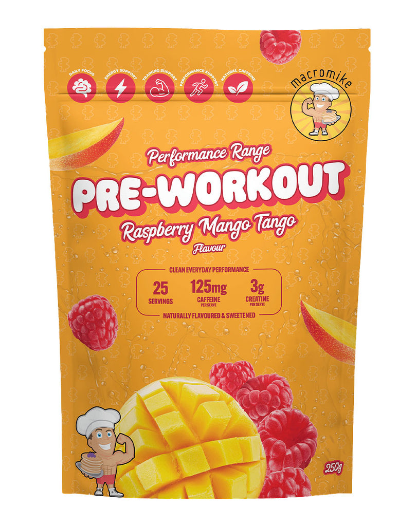 Macro Mike Pre-Workout Raspberry Mango Tango, 250g pouch with 125mg caffeine, 3g creatine and 25 servings