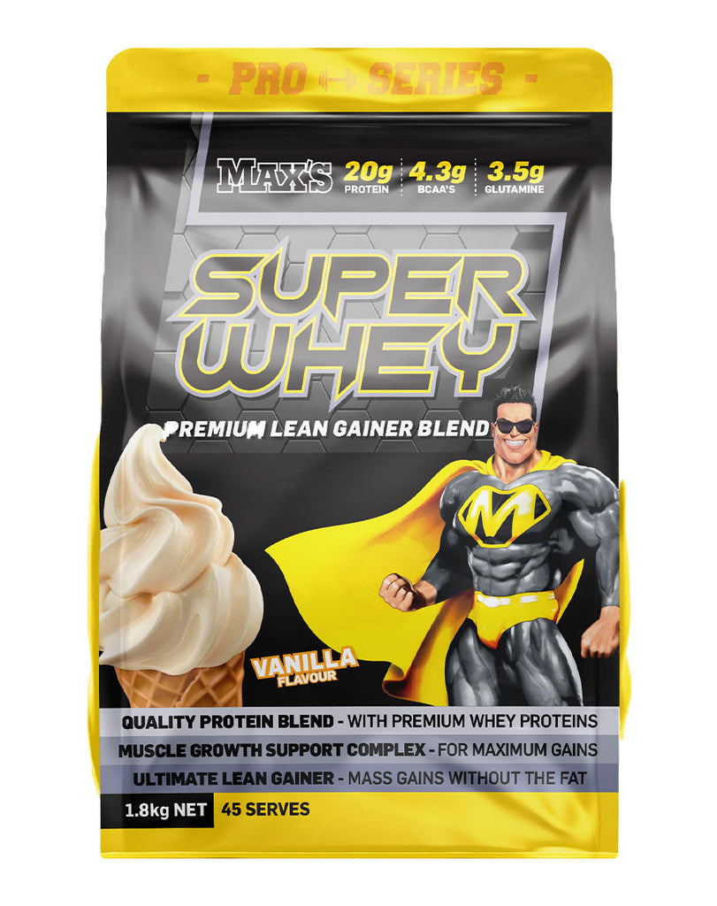 Vanilla Super Whey by Max's – 1.8kg bag with 20g protein per serve and cartoon muscle hero on pack