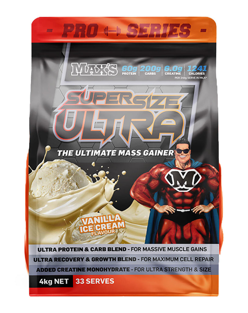 Vanilla ice cream flavoured Supersize Ultra by Max's – 4kg pouch showing 60g protein and 1241 calories