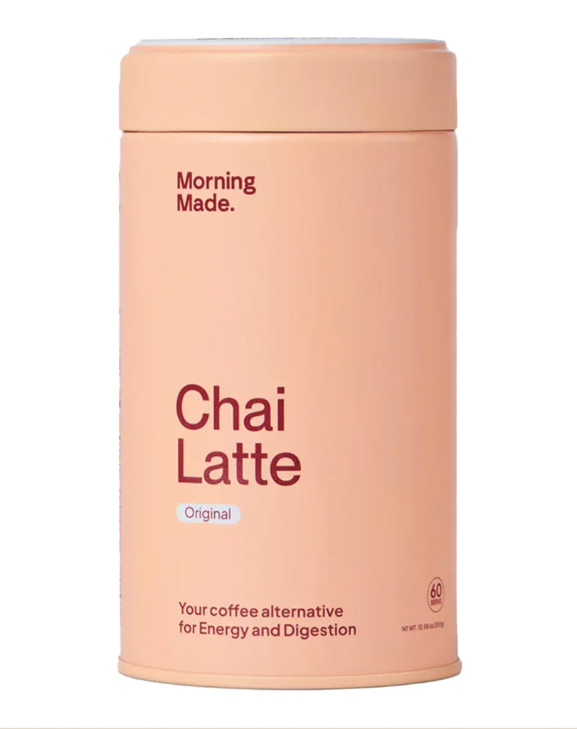 Original Chai Latte powder by Morning Made in pastel orange container, supports energy and gut health, 60 servings