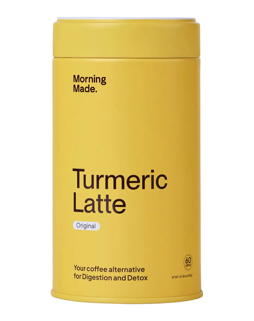 Original Turmeric Latte blend by Morning Made in bright yellow 300g container, 60 serves