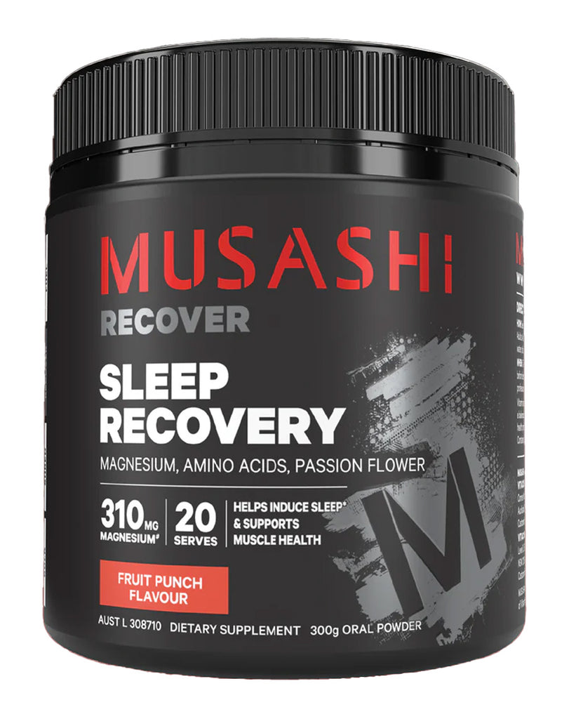 Musashi Recover Sleep Recovery supplement container on a white background