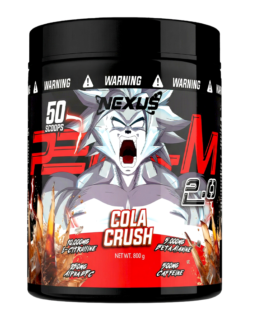 Nexus Cola Crush pre workout powder 800g container, 50 serve tub with bold character artwork and stimulant blend