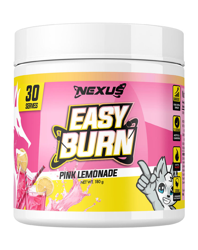 Nexus pink lemonade thermogenic – 180g tub with vivid label art and lemon slice visuals
