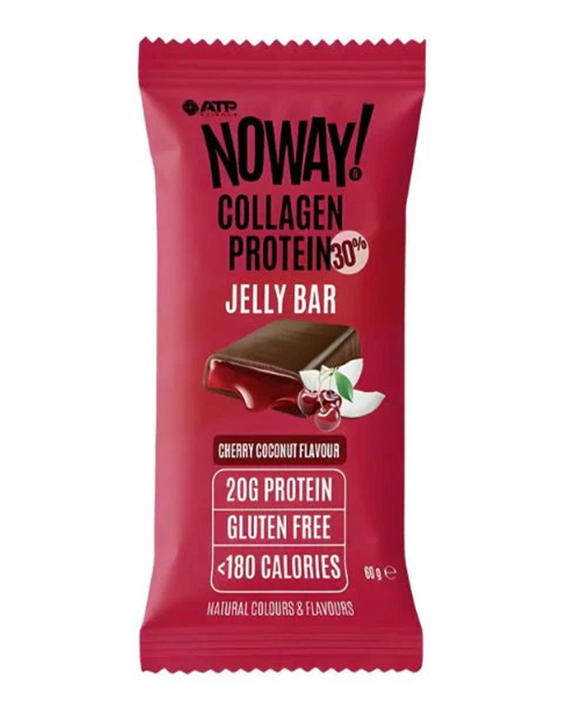 ATP Science cherry coconut collagen bar, 60g pack showing 20g protein, gluten-free, under 180 calories