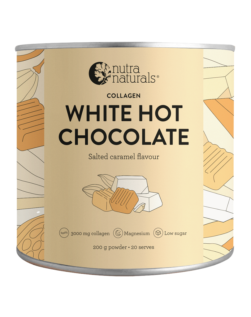Salted caramel white hot chocolate collagen powder by Nutra Naturals, 200g magnesium drink mix
