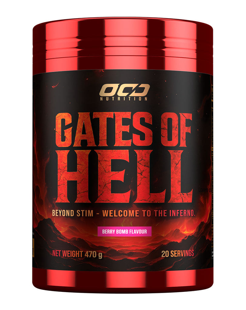 Berry Bomb stimulant pre-workout by OCD Nutrition, Gates of Hell edition, 470g container with fiery design
