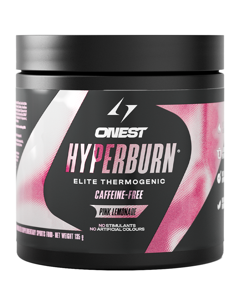 Onest Hyperburn Elite Thermogenic caffeine-free Pink Lemonade fat burner, 135g black supplement tub