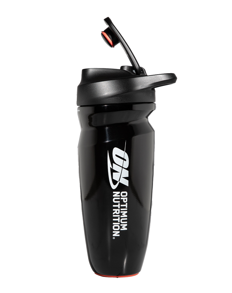 Optimum Nutrition black shaker bottle with flip-top lid and white vertical logo branding