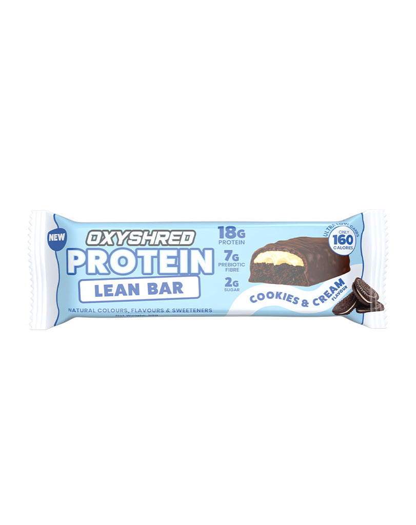 Cookies and cream OxyShred protein bar, 18g protein, 160 calories, blue-accented packaging