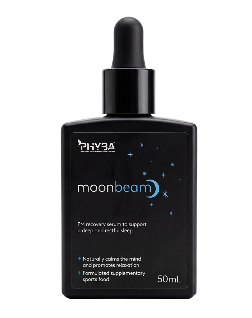 Priyba Moonbeam PM recovery serum, 50mL black dropper bottle formulated to support deep and restful sleep