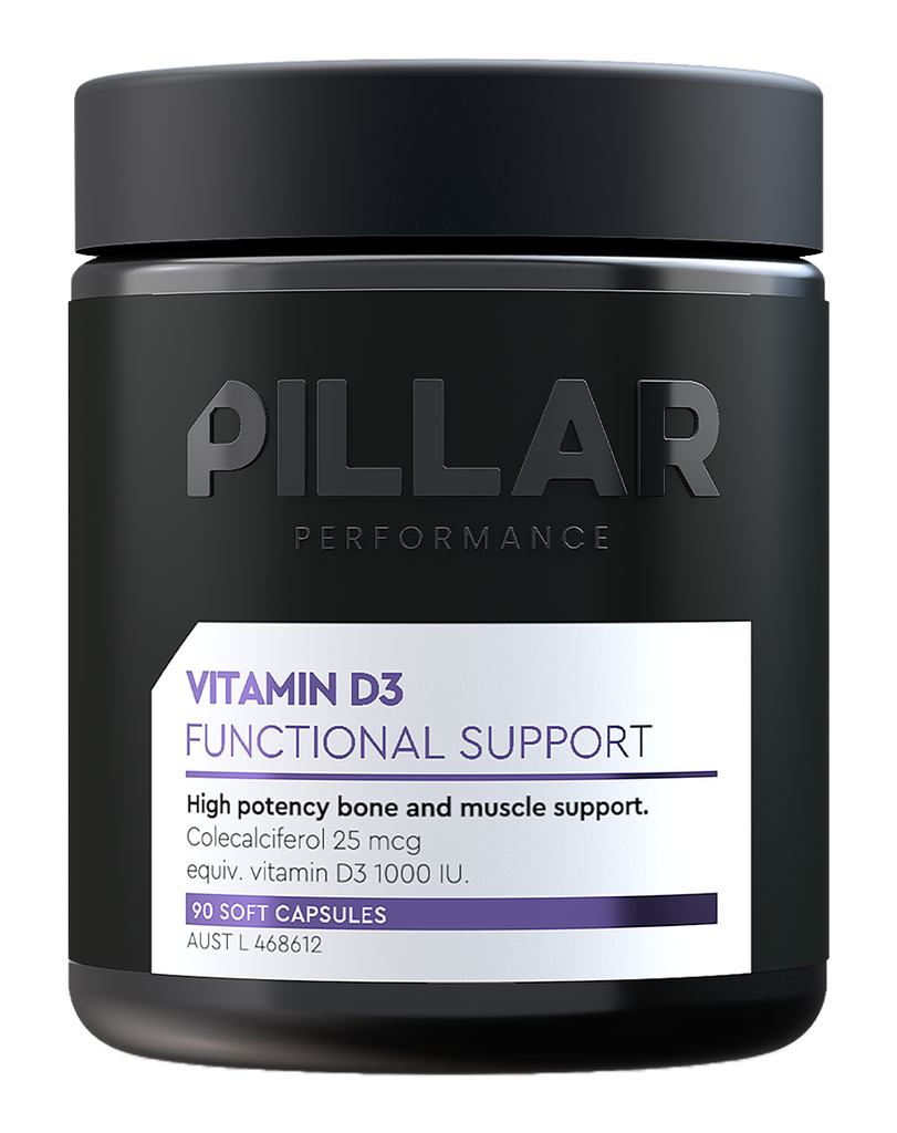 Black container of Pillar Vitamin D3 – 90 softgels, 1000 IU strength for functional bone support