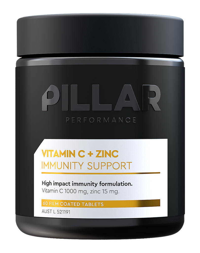 Vitamin C plus zinc immunity supplement by Pillar Performance 60 film coated tablets in matte black container