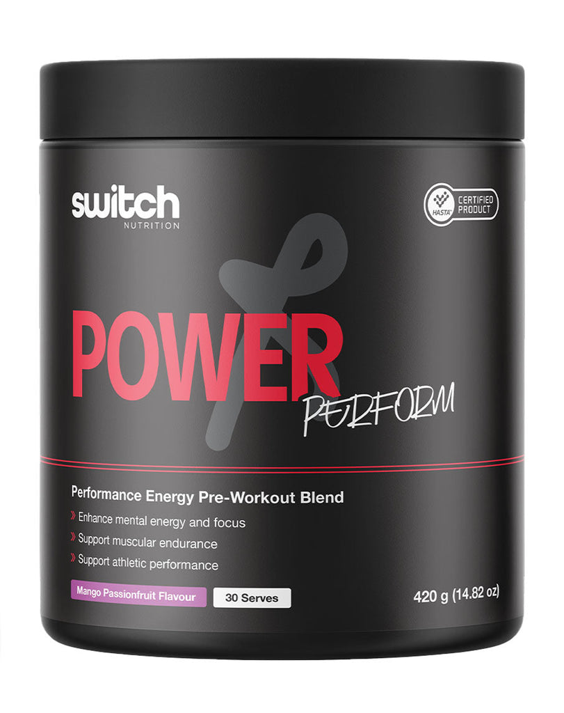 Black container of Switch Power Perform pre-workout, mango passionfruit, 420g with 30 servings