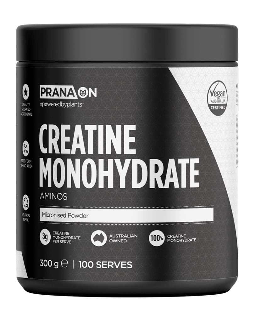 Prana On 100% Creatine Monohydrate supplement, 300g black container with 3g per serve and white branding