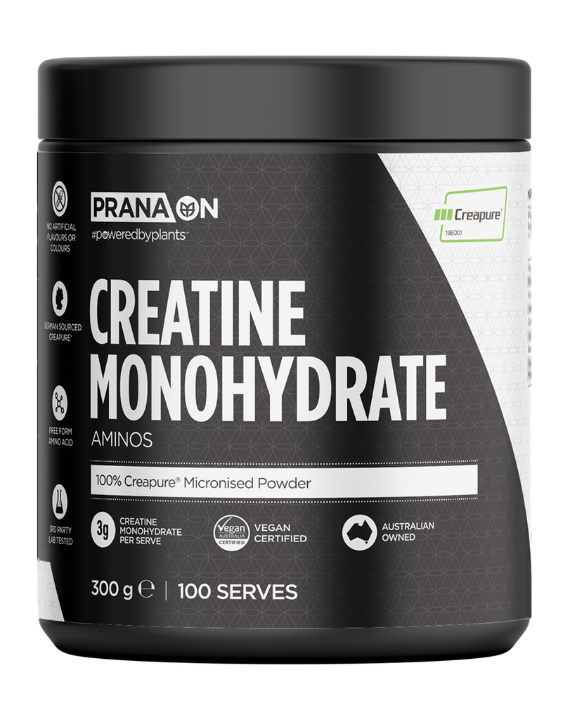 300g PranaOn micronised creatine powder, black container with Creapure badge and vegan symbols
