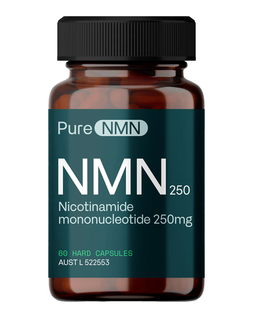 Amber Pure NMN 250 bottle featuring nicotinamide mononucleotide 250mg and 60 capsule count