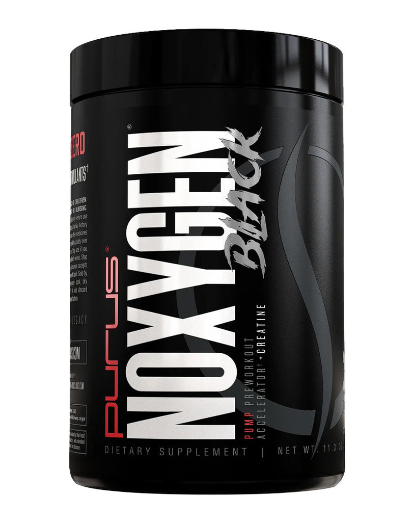 Purus Labs NOxygen Black Pump Pre Workout Powder in a black contain with red accents
