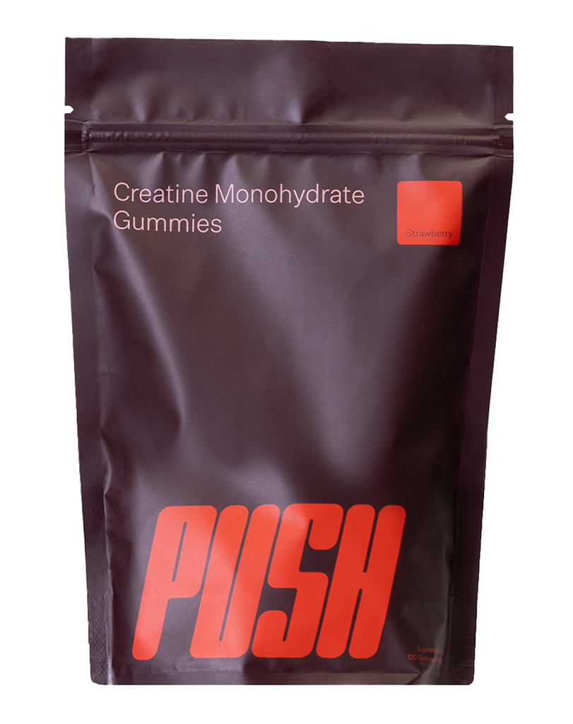 Strawberry creatine monohydrate gummy supplement in matte black stand-up bag, 120 count