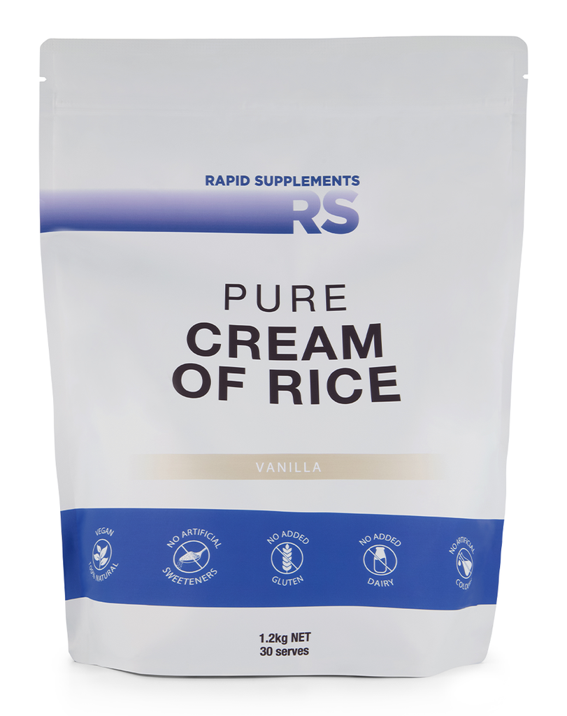 Vanilla Pure Cream of Rice by Rapid Supplements, 1.2kg resealable pouch with vegan and natural formula labelling