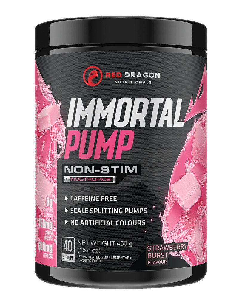 Strawberry Burst Immortal Pump by Red Dragon, 450g non-stimulant pre-workout in black container