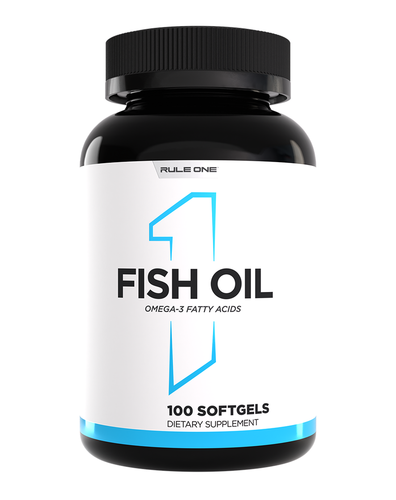 Omega-3 fish oil by Rule One, 100 softgels in black tub with white label and large blue number 1