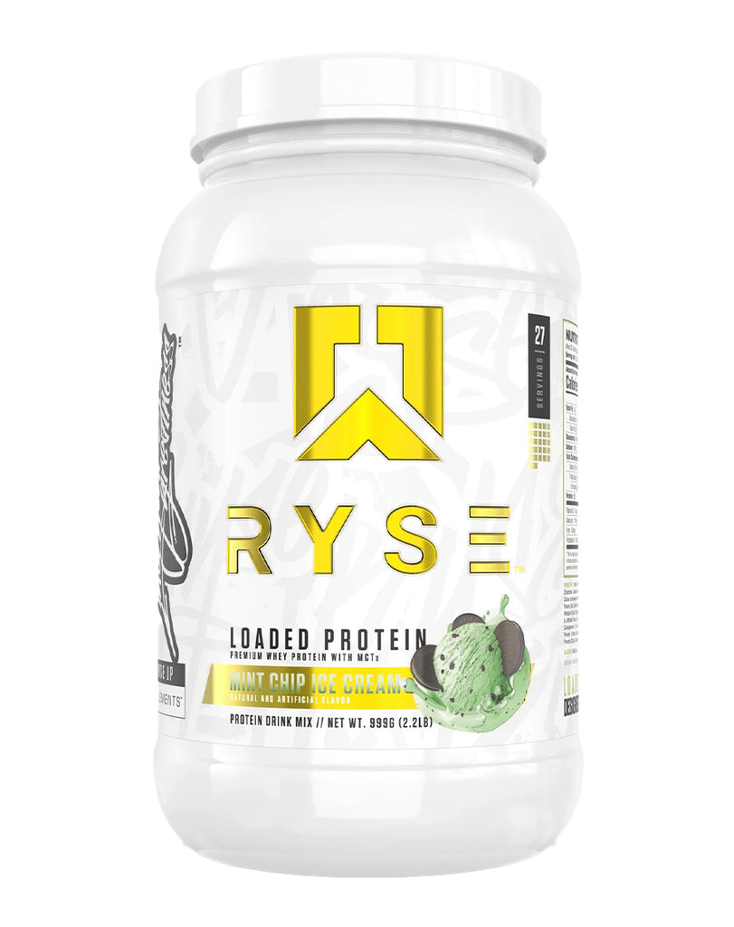 Ryse Loaded Protein mint chip ice cream flavour – 999g white tub with bold yellow branding