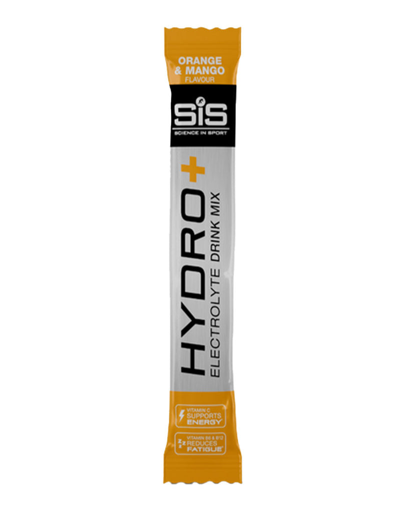 Science in Sport Hydro+ orange mango electrolyte powder stick, silver wrapper with black and orange label