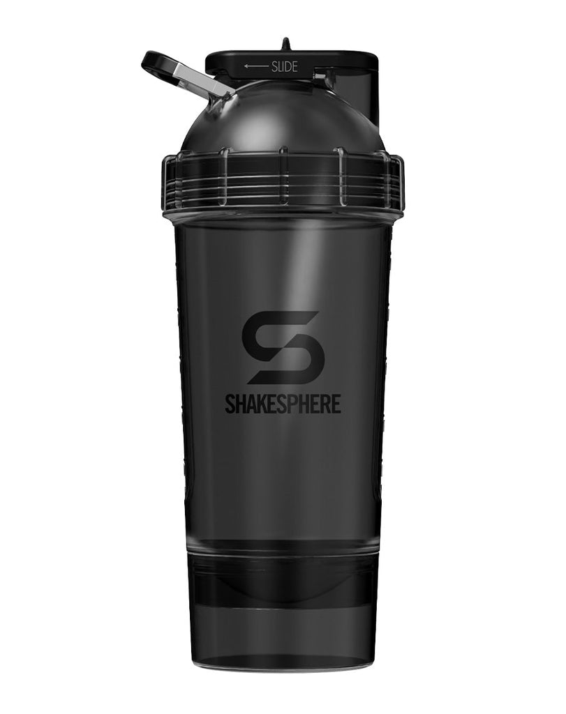 Matte black Shakesphere shaker cup featuring slide-to-open lid and logo on front