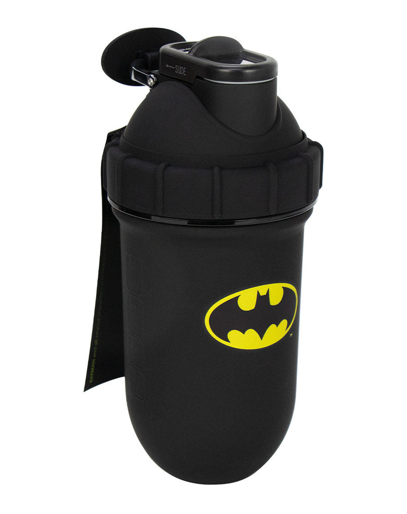 Matte black shaker bottle featuring Batman symbol, secure lid and ergonomic design