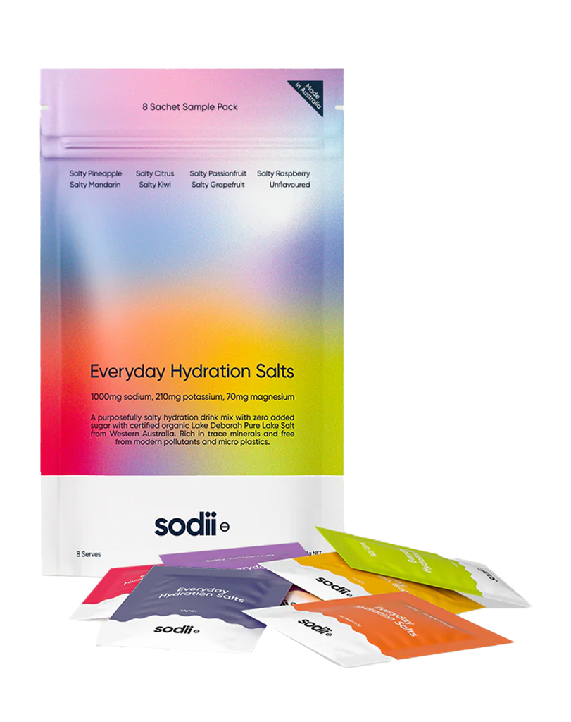 Sodii hydration salts sample pack with 8 electrolyte sachets, assorted flavours, colourful pouch packaging