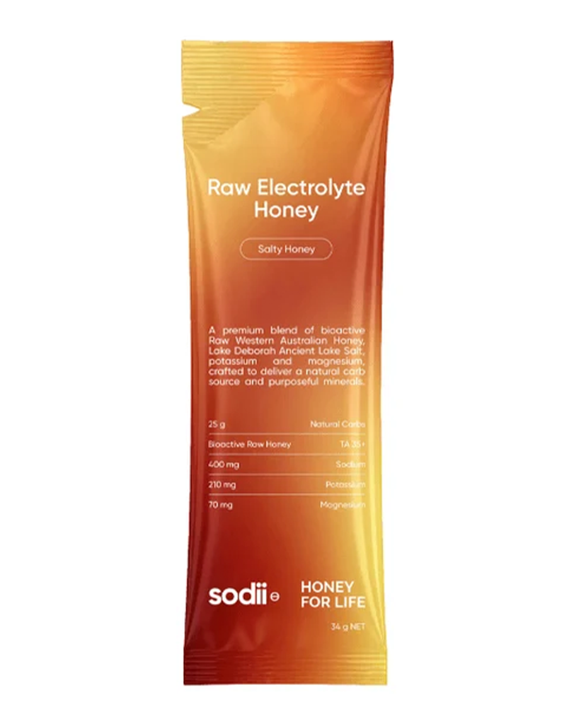 34g Sodii Raw Electrolyte Honey in Salty Honey flavour, single-serve sachet with natural electrolytes
