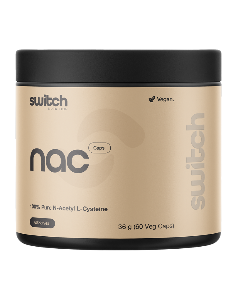 Switch Nutrition NAC capsules 36g, 60 vegan caps, beige tub with black lid, N-acetyl L-cysteine supplement