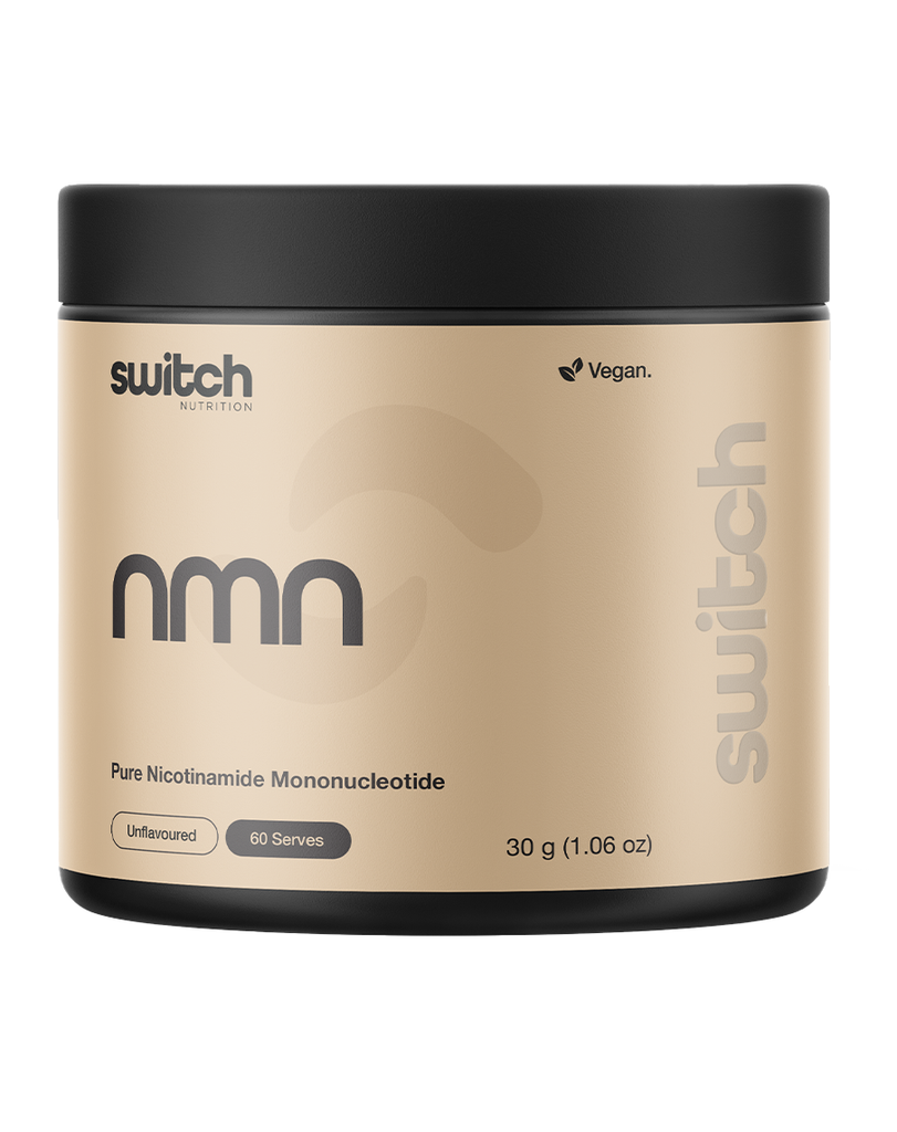 Unflavoured NMN supplement by Switch Nutrition, 30g tub with minimalist beige label, nicotinamide mononucleotide powder