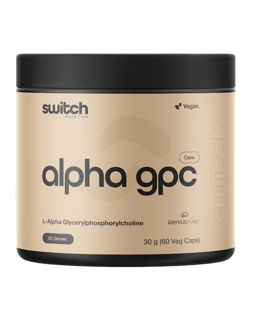 Switch Alpha GPC nootropic supplement 60 vegan capsules, 30g tub with beige label, L-alpha glycerylphosphorylcholine