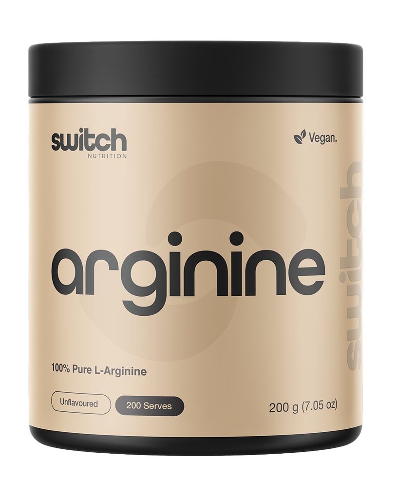Switch Nutrition arginine powder 200g unflavoured pre-workout supplement, beige tub with black lid, 200 serves