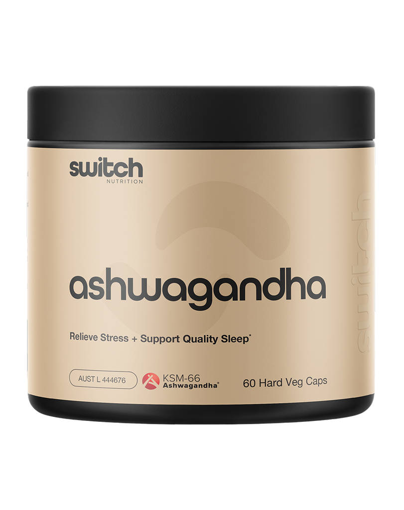 Switch Nutrition ashwagandha capsules 60 veg caps, KSM-66 extract, stress support supplement, beige tub black lid
