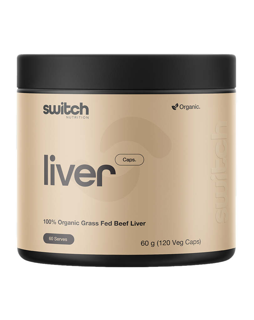 Switch Nutrition liver capsules 120 veg caps, organic grass fed beef liver supplement, 60g beige tub black lid