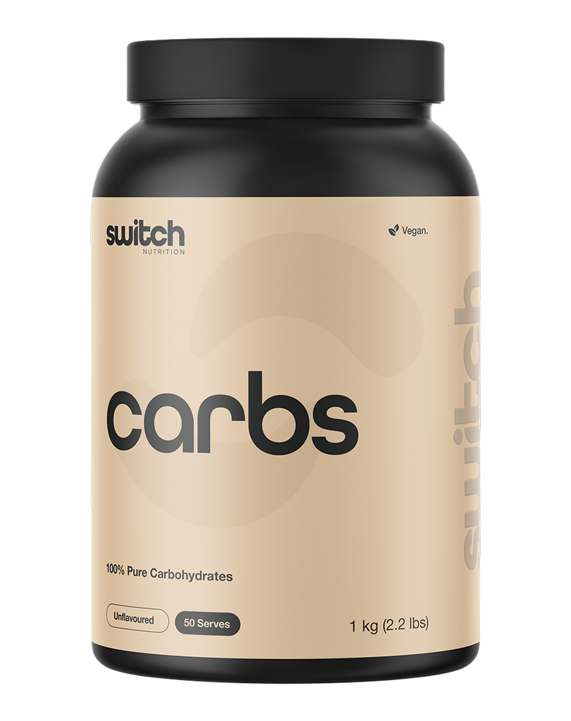 Switch Nutrition carbs powder 1kg unflavoured carbohydrate supplement, 50 serves, beige tub with black lid, vegan